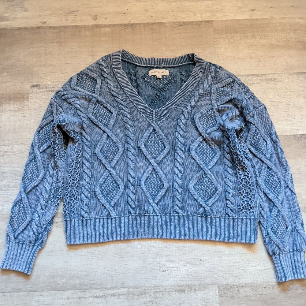Lucky Brand Women's Blue 100% Cotton Cable Knit V-Neck Pullover Sweater Size S